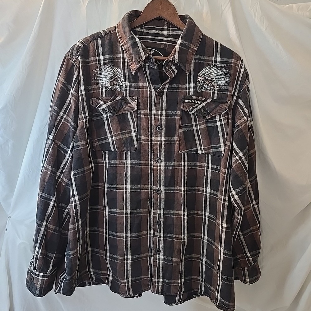 Hot Leathers Plaid Flannel Skull Headdress Motorcycle Biker Shirt 3XL Brown